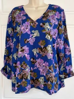 J. JILL Floral Tunic Blouse Rayon Cotton V-Neck Coastal Grandma Boho Size Large